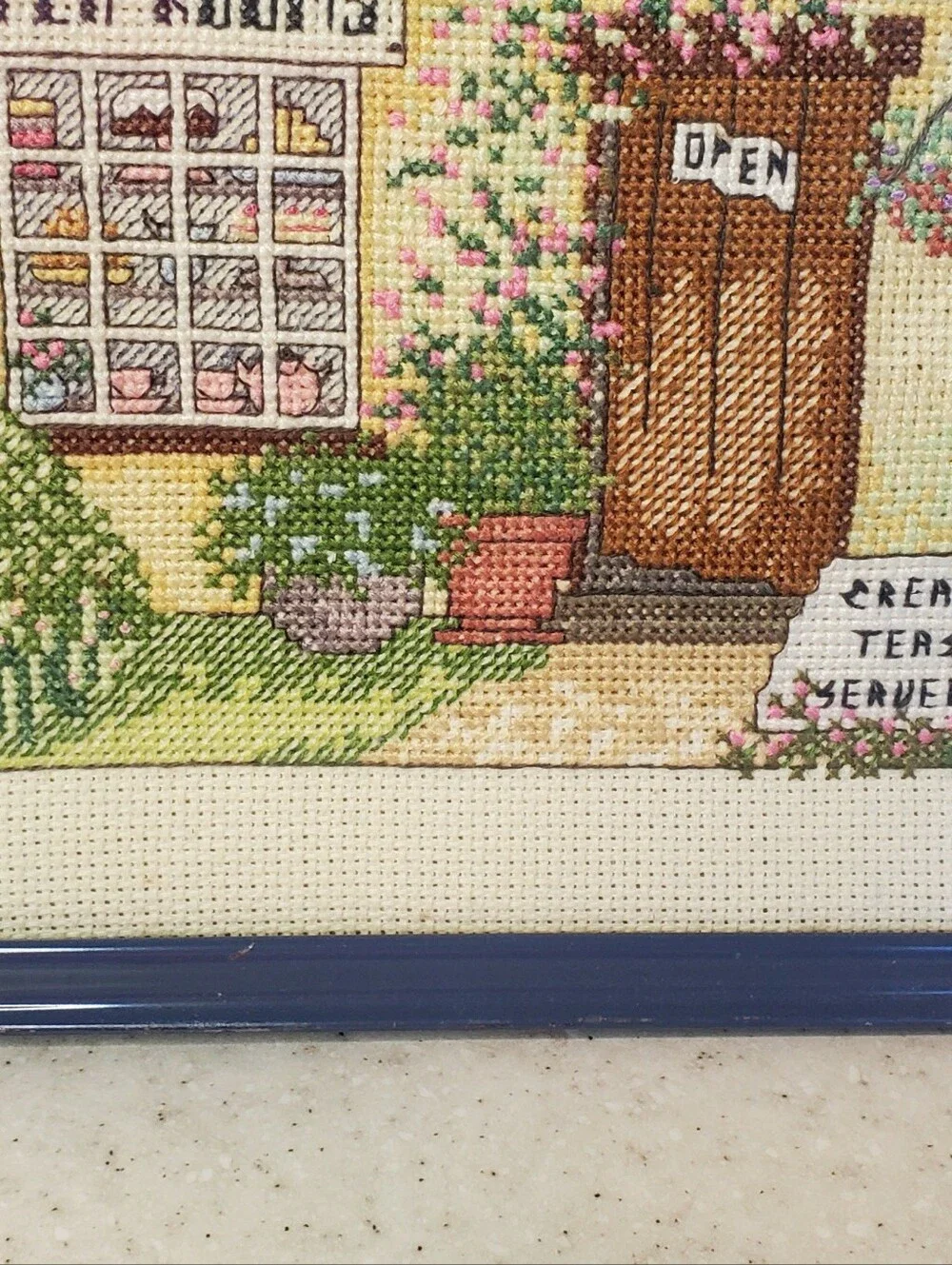 Vintage Handmade Cross Stitch Tea Rooms Cottage Needlepoint Framed Cottagecore G
